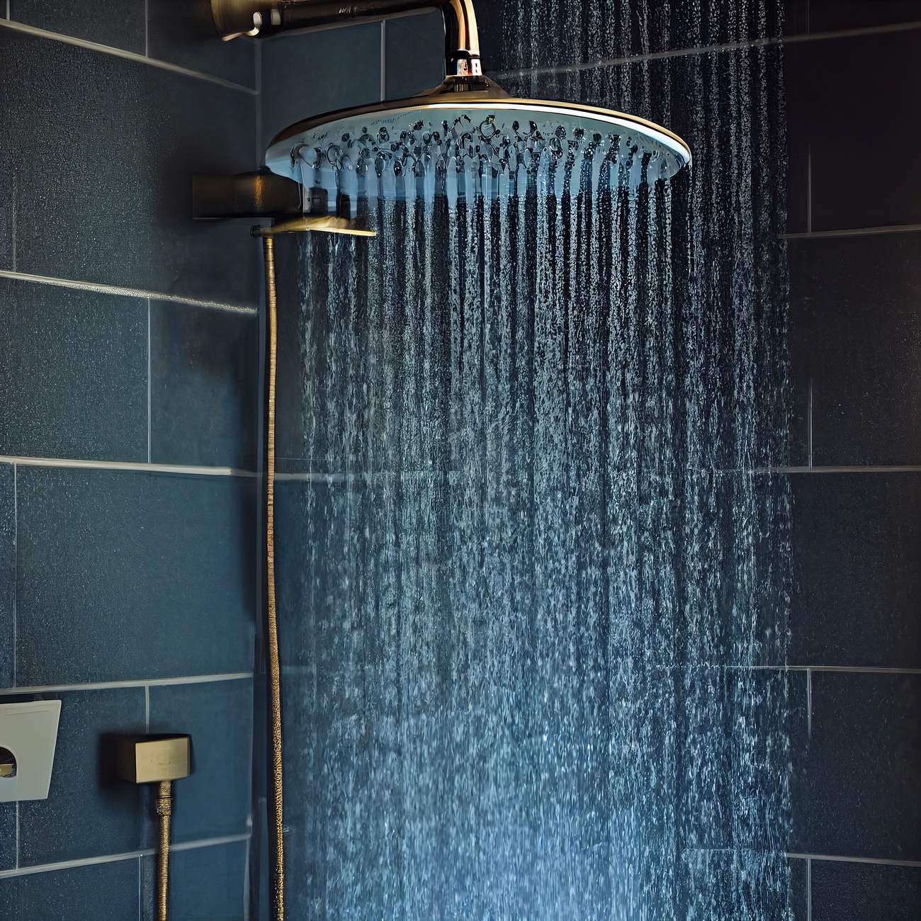 Water flowing from copper shower head in bathroom 3D render digital illustration